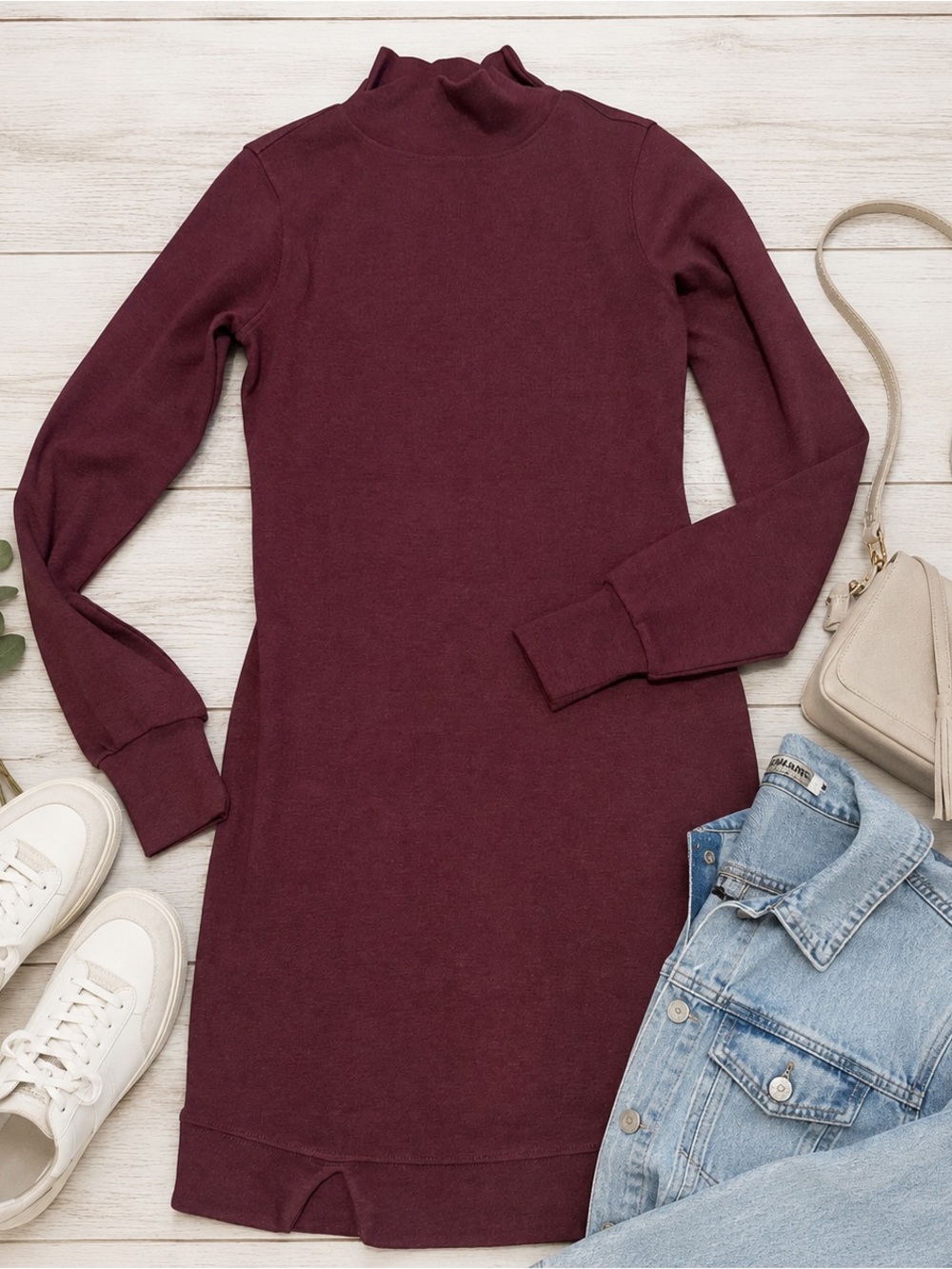 The Normal Brand Mock Neck Sweatshirt Dress XS Burgundy Cotton Blend